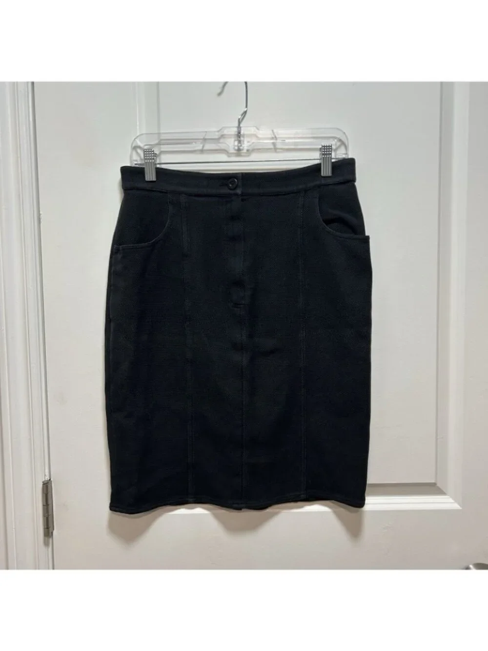 Chanel Vintage Linen Blend Wool Button Front Pencil Skirt Buttons Pocket Small